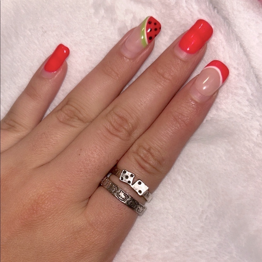 Ring bundle of 2 silver tone dice and hello kitty
